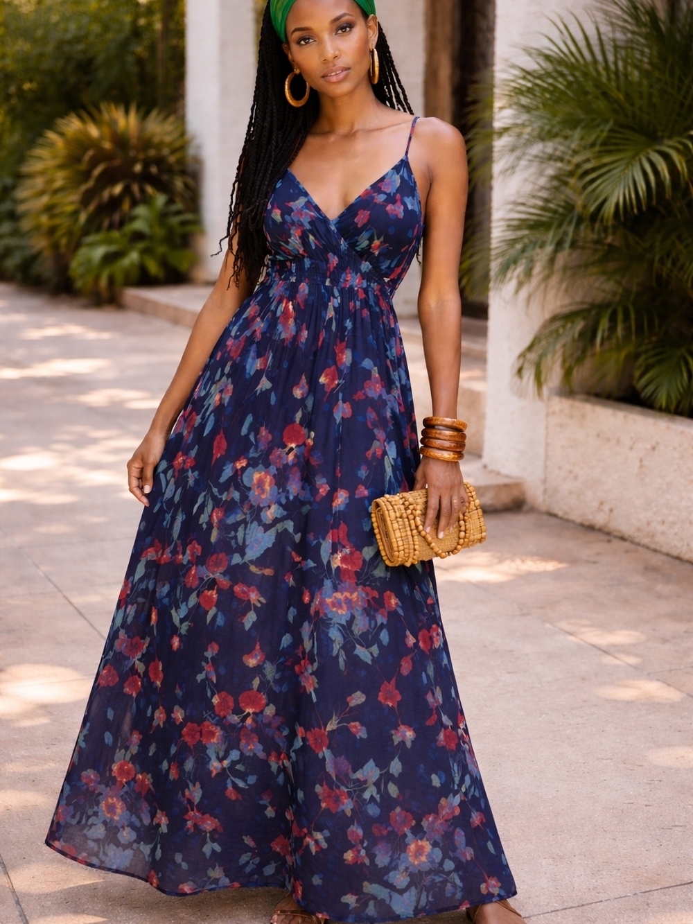Navy Floral Maxi Dress with Spaghetti Straps